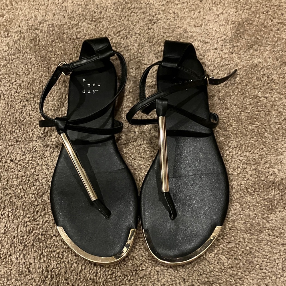 a new day Black T-Strap Sandals with Gold Accents